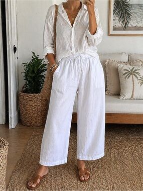 Fresh Produce XL White Cotton Drawstring Pants Wide Leg Lounge Coastal Resort